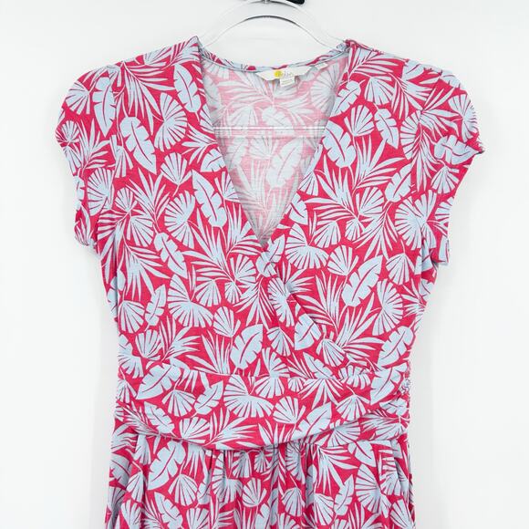 Boden Lola Jersey Dress Red Blue Leaf Print V-Neck Ruched Pockets Womens Size 2P - Picture 4 of 12